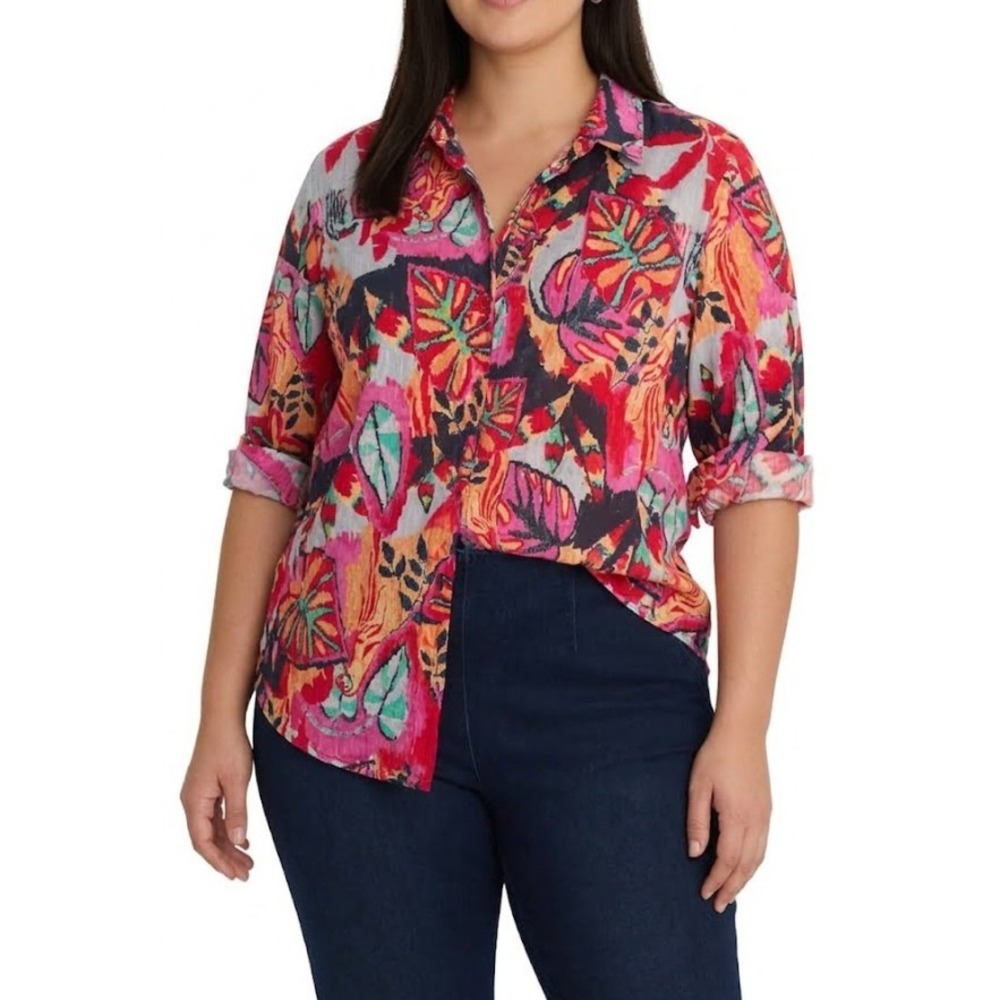 Nic + Zoe Button Down Shirt XL Tropical Parrot Artsy Kauai Crinkle Cotton Shirt